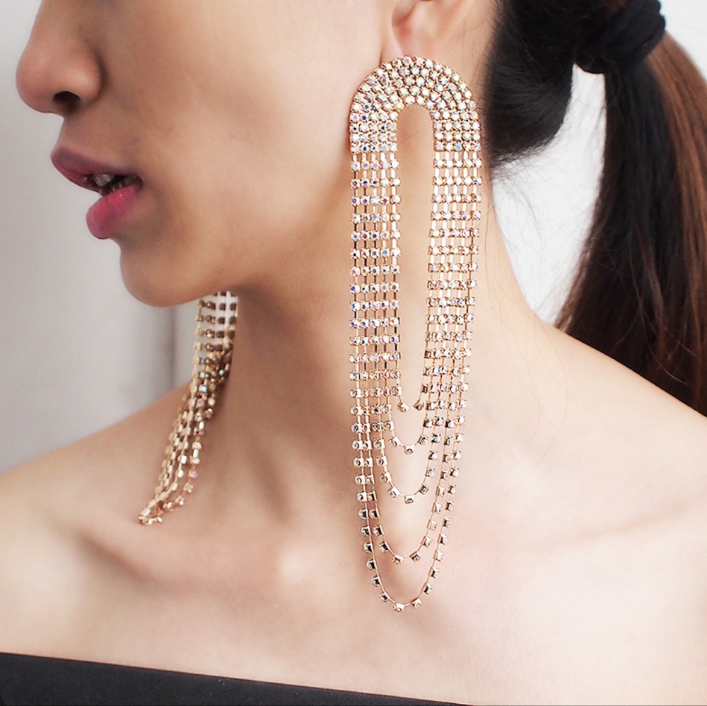 Statement Long Tassel Rhinestone Earrings